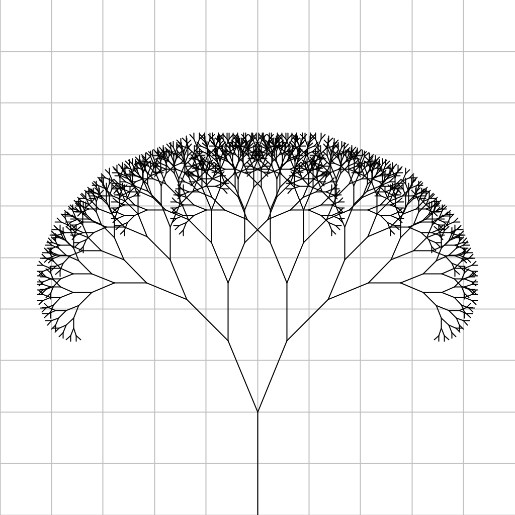 A fractal tree, drawn on a 10 x 10 grid.