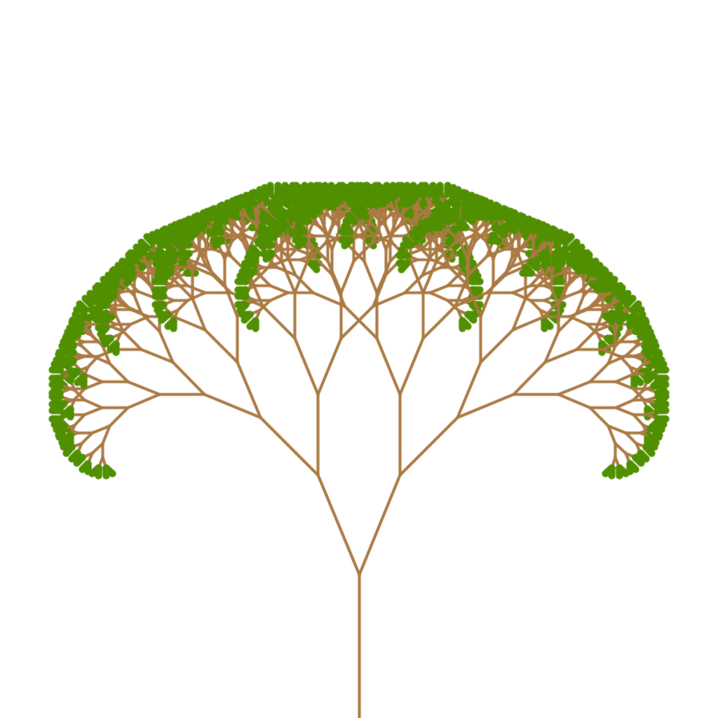 A fractal tree with brown branches and green leaves.