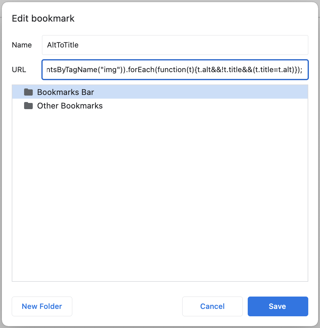 In the resulting modal, specify the bookmark's name, and copy-paste the JavaScript code into the URL field