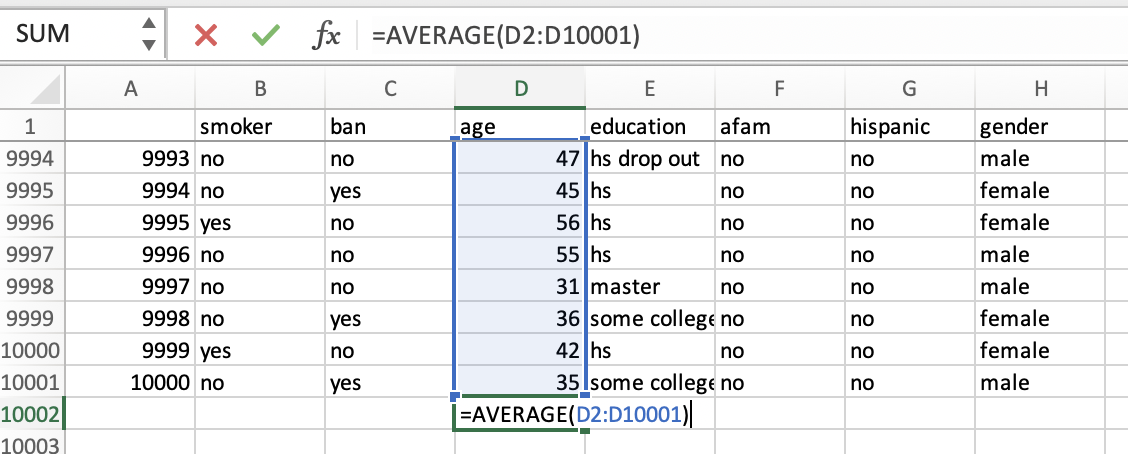 Type: =AVERAGE(D2:D10001)