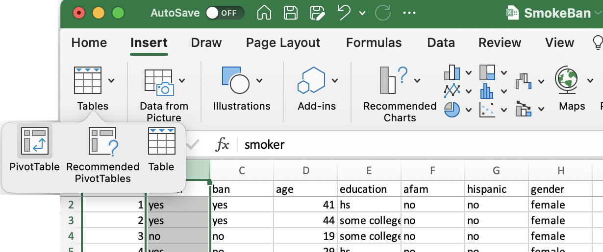 Insert -> Tables -> PivotTable