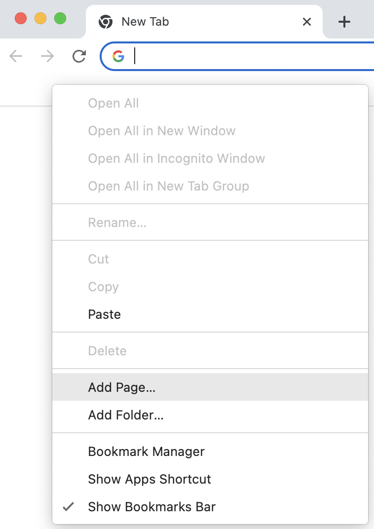Right-clicking on the bookmarks bar opens a menu, containing the option to add a page