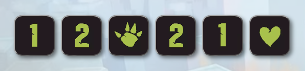 Six dice, showing: 1, 2, punch, 2, punch, heart.