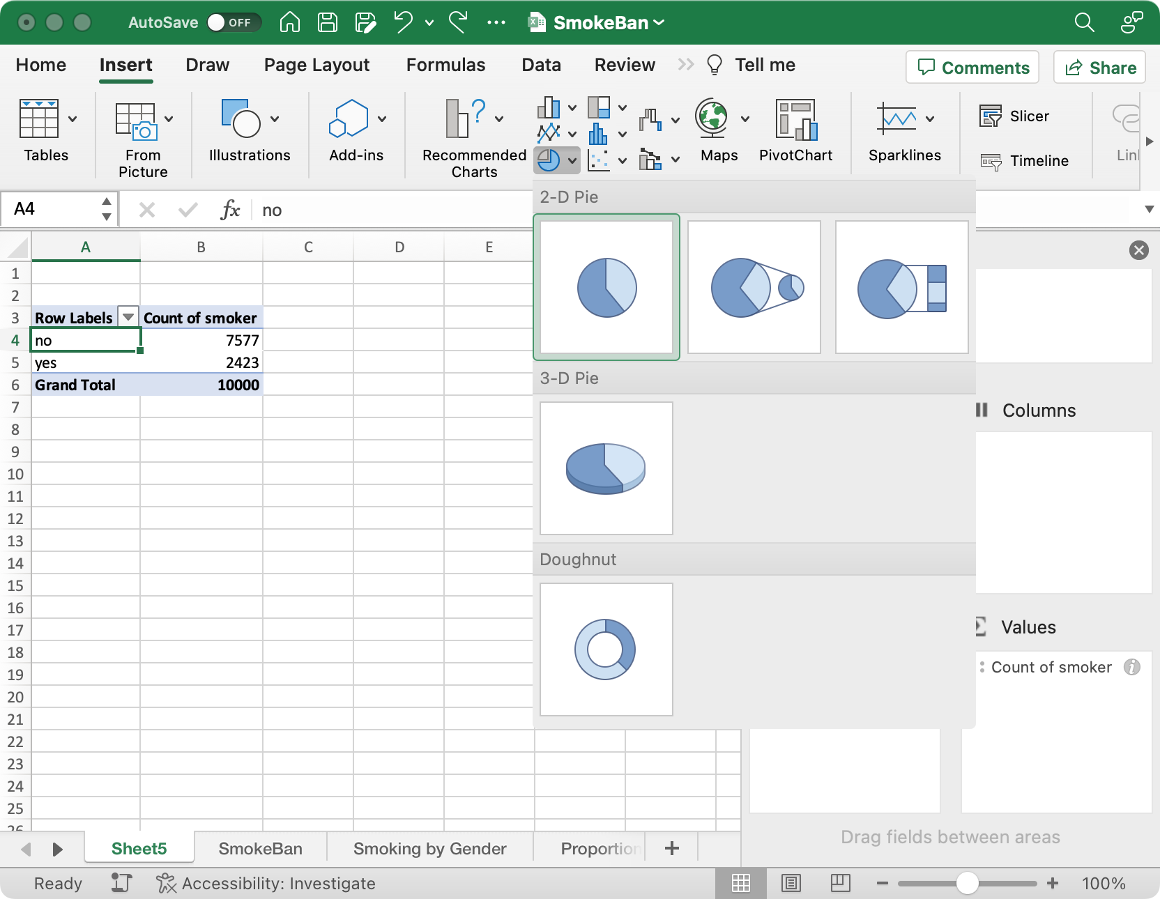 Select the pie chart from the 'Insert' ribbon