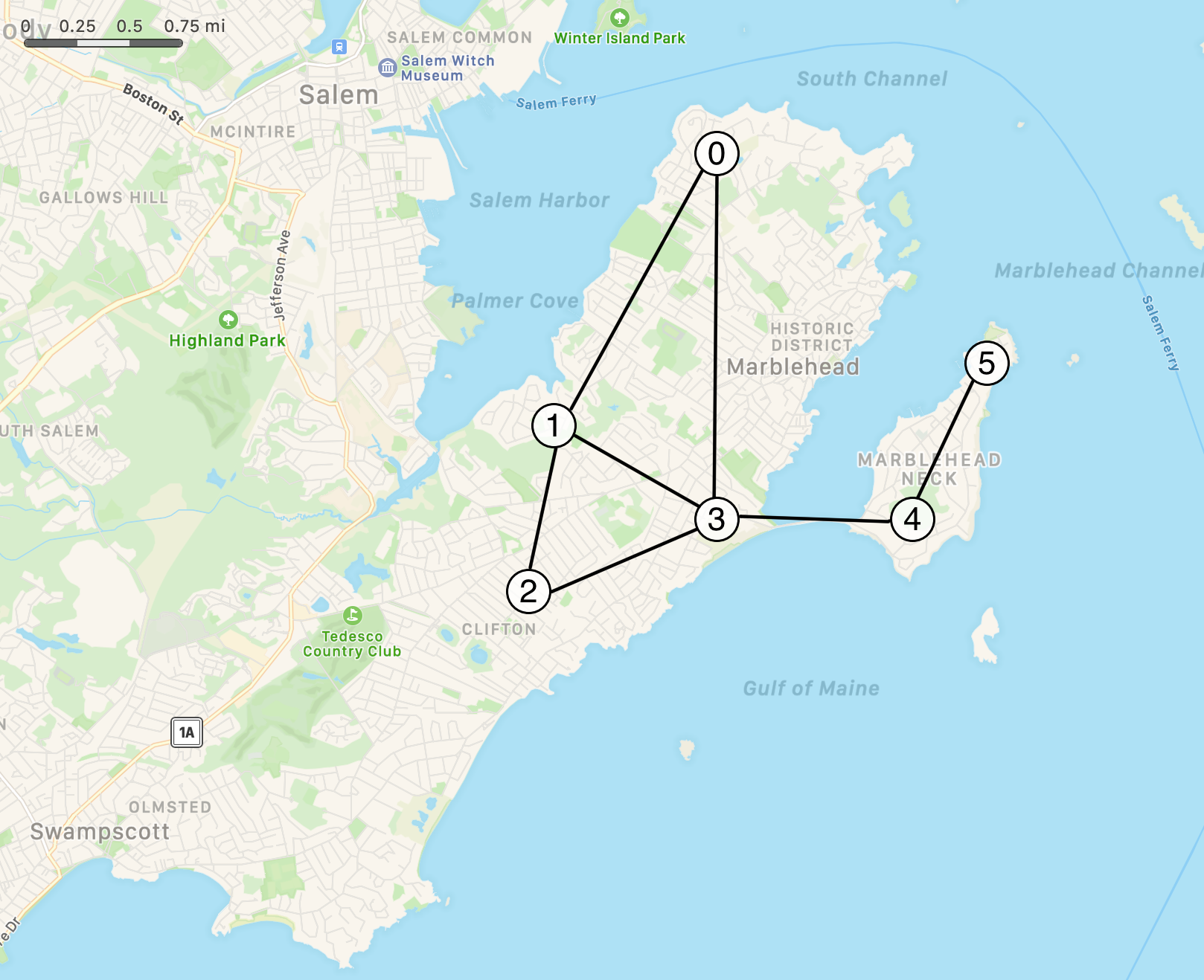 6 vertices superimposed over a map of Marblehead, MA